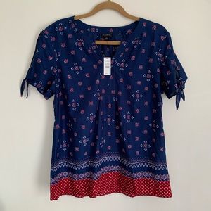 NWT Talbots Navy Blue Red Cotton Boho Blouse Top L
